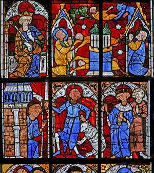 Window w221 depicting a scene from the life of St Peter: Simon Magus tries to fly; chnges himself into a sheep (stained glass)