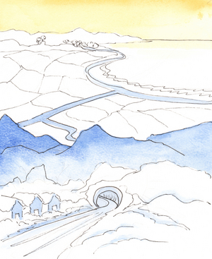 In the course of our spiritual life, the 'climate' changes, when someone moves from a 'snowy' area of loneliness and pain to a joyful area of sunshine and harvest - with much joy and fulfilment - before 'rising up' to Heaven., 2003 (w/c on paper)