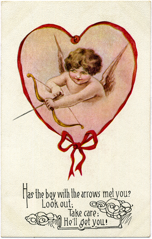 Cupid with Bow & Arrow in Heart Frame, c.1912 (postcard)
