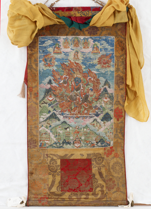 Damjen Garwa Nagpo, mid 19th century (mineral pigments on sized cotton, original Qing brocade mounts, original dustcover, Mongolian tassels and rod with caps)