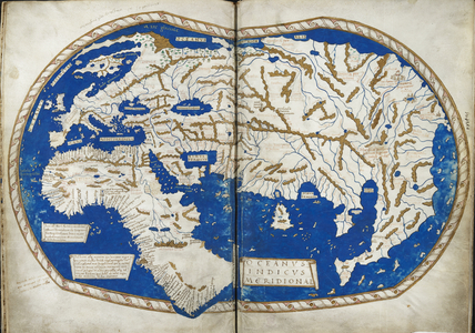 Add 15760 f.68v-69 Map of the world, from "Insularium Illustratum", by Enrico Martello, being an account of the islands, chiefly of the Mediterranean, with coloured plans, Italian, c.1470 (vellum)