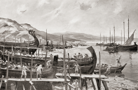Workers building a fleet of ships in ancient Rome, after the painting by Allan Stewart, from Hutchinson's History of the Nations, pub.1915