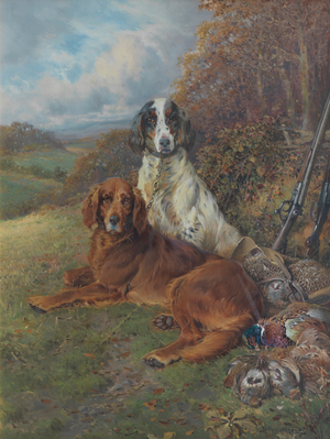 Setters with the day's shoot (oil on canvas)