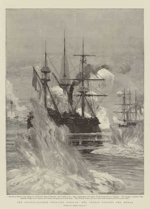The Franco-Siamese Frontier Dispute, the French forcing the Menam (engraving)
