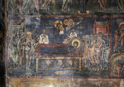 Church of Agios Nikolaos Kasnitzis. Detail of the fresco with the Dormition of the Virgin (fresco)