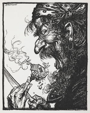A large man eating a tiny lady and her house.