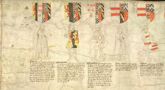 (Figures from left to right): Fig 37: Margery, Countess of Warwick. Fig 38: John Mareshal, Earl of Warwick. Fig. 39: John de Plessetis, Earl of Warwick, second husband of Margery. Fig.40: Alice, daughter of Earl Waleran, wife of William Mauduit, Baron of Hanslape. Fig.41: William Mauduit, Baron of Hanslape, her husband. At his feet, a gryphon.
