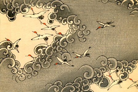 Cranes Flying in Grey Clouds, 1882 (colour woodblock print)