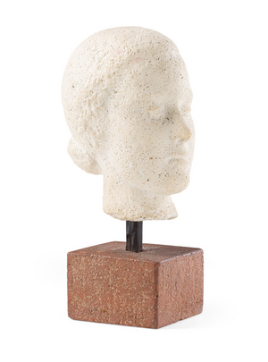 Female Head (stone composition, moulded and possibly with some hand carving, with stone base and wooden stand)