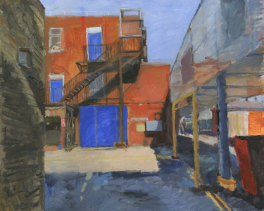 Building with 3 blue doors, 2024 (acrylic on canvas)