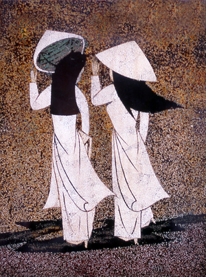 Vietnam: Lacquer painting on a wall of twom women in ao dai ('long dress'), Nha Tho Road, Hanoi