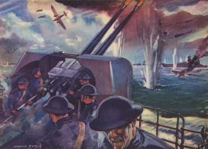 Anti-aircraft guns of the navy in action (colour litho)