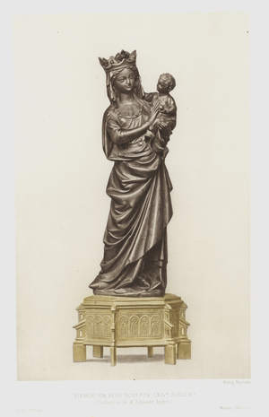 Carved wood statue of the Virgin and Child, 14th Century (colour litho)