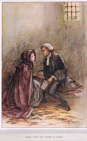 Olivia visits her father in prison, illustration from 'The Vicar of Wakefield' by Oliver Goldsmith, c.1910 (colour litho)