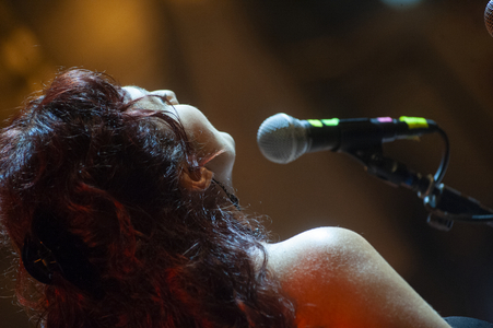 Marotta's Ensemble singer performing at Carpino Folk Festival, Puglia, Italy, 2014 (photo)