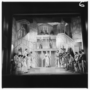 Lysistrata at National Theatre, images from a production of classic Greek play Lysistrata directed by Milos Volonakis starring Joan Greenwood, London 1983