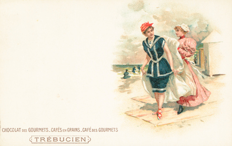 A woman is shielded by a maid as she walks on a beach (colour litho)