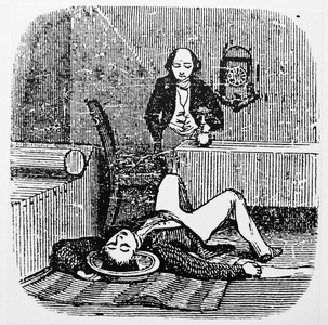 Head Bath: After 15-30 minutes in warm water, cold water was poured over the head. For ''high fevers, and in early stges of colig and cholera morbus''. From ''The Hydropathic Encyclopedia'', New York, 1874.