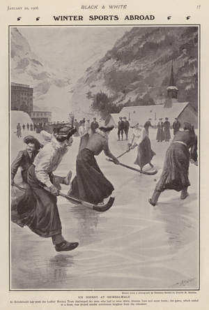 Playing ice hockey at Grindelwald, Switzerland (litho)