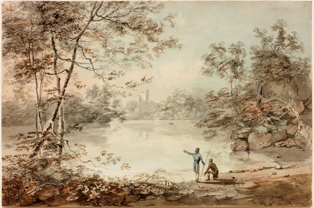 Anglers on the Tyne at Bywell (bodycolour on paper)