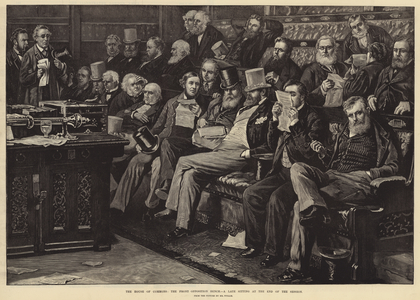 The House of Commons, the Front Opposition Bench, a late sitting at the end of the Session (engraving)