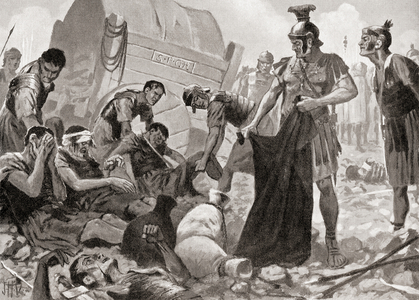 battle against the Dacians near Tapae, after  the painting by J,H, Valda, d, 1941, from Hutchinson's History of the Nations, pub. 1915