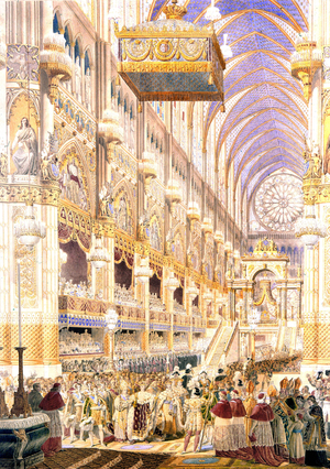Coronation of French king Charles X in Reims cathedral on May 29, 1925, engraving by Chasselat
