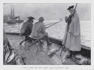 'Very large cod are taken from Gorleston Pier' (litho)