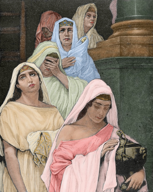 Priestesses of the goddess Vesta (coloured engraving)