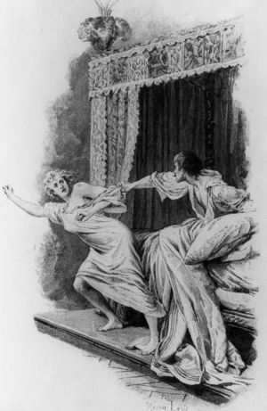 D'Artagnan discovering secret of Milady, engraving for book by Alexandre Dumas Pere The Three Musketeers (1844)