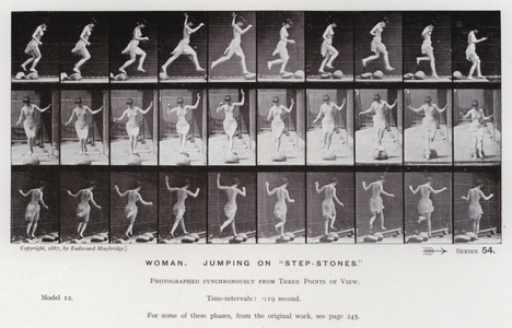 The Human Figure in Motion: Woman, jumping on "step-stones" (b/w photo)