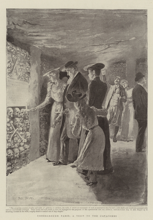 Underground Paris, a Visit to the Catacombs (engraving)