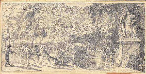 Figures pulling a barrel on a trolley in the Tuileries Gardens, 1760 (etching) (pair to 1163178)
