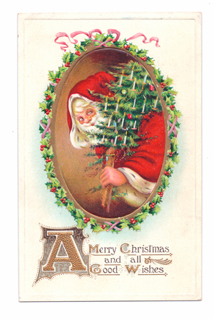 Edwardian Christmas postcard of Father Christmas holding a Christmas tree across his shoulder, c.1910 (colour litho)