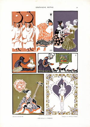 Six stylized graphic vignettes (print)