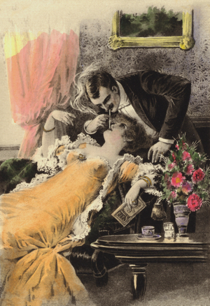 Couple smoking (colour litho)