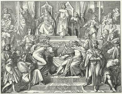 The Sangerkrieg, a contest between minstrels at the Wartburg castle in Thuringia in 1207 (engraving)