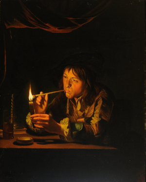 Candlelight: youth lighting a pipe (oil on canvas)