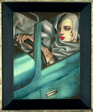 Self Portrait (Tamara in a Green Bugatti), 1929 (oil on wood)