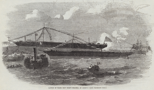 Launch of Three Iron Screw-Steamers, at Jarrow (engraving)