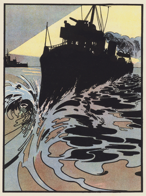 A Destroyer trying to escape from the Searchlight (colour litho)