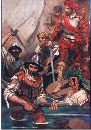 Cortes and his men at the gap , from Romance of Mexico published by T C & E C Jack 1909 (colour litho)