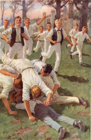 The Two Rush in Together, and Throw Themselves on the Ball (colour litho)