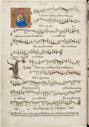 Sheet music for motets decorated, written music with decorated initials and voice parts for a choir.