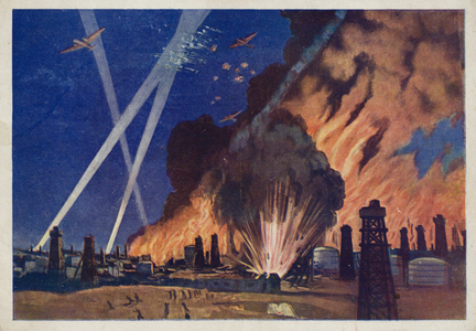 Soviet aircraft bombing the oilfields of Ploesti, Romania, World War II, 1940s (colour litho)