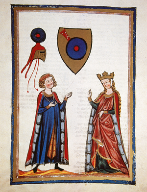 Austrian poet Der Von KŸrenberg (mid 12th century), talking to a lady. Fol. 63r. Codex Manesse (ca.1300).