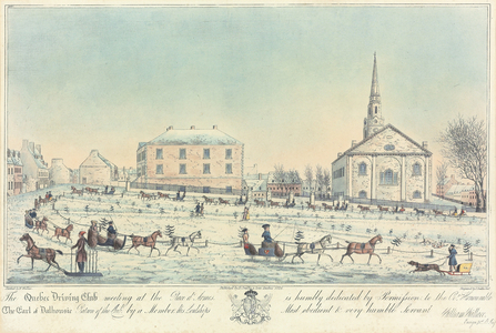 The Quebec Driving Club meeting at the Place d’Armes, engraved by J. Smillie Jr., 1826 (etching & aquatint)
