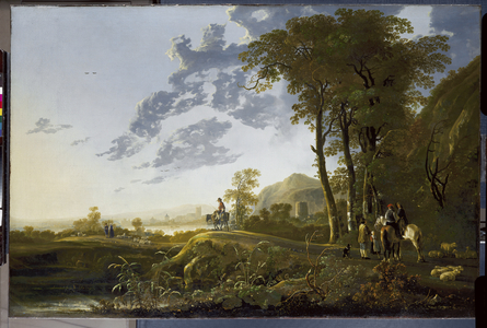 An Evening Landscape with Figures and Sheep, c.1655-59 (oil on canvas)