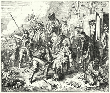 Count Tilly mortally wounded at the Battle of Rain, 1632 (engraving)