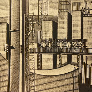 Foundations at the Cement Factory, 1976 (linocut)